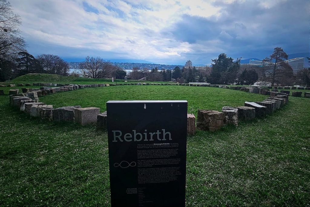On the grounds of the Palais des Nations overlooking Geneva, Italian artist Michelangelo Pistoletto's installation of 193 different stones, each bearing the name of a U.N. member nation, is configured as an infinity sign symbolizing a renewed and unified society.